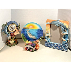 Lot of 3 Beautiful Dolphin Art Figurines -Plate, Clock & Picture Frame